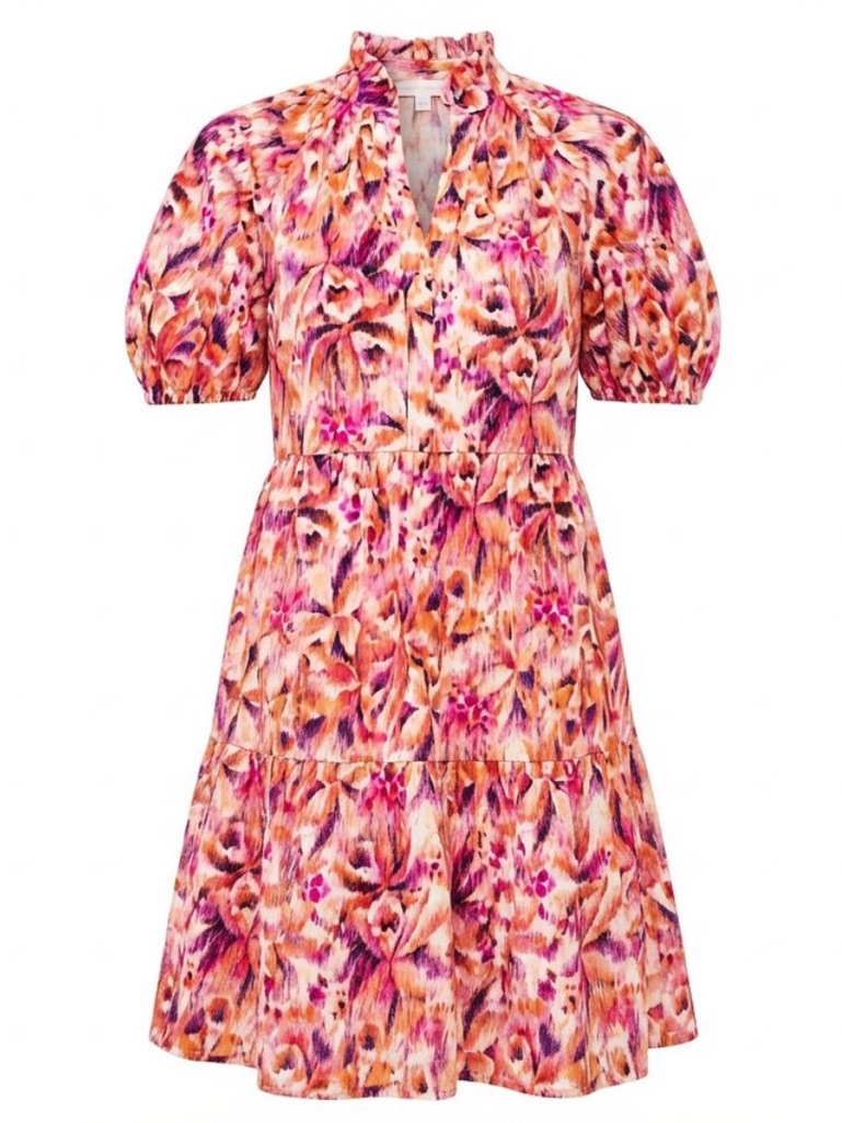 Cece Split Neck Flowy Lightweight Pink And Orange Short Sleeve Dress Size Small
